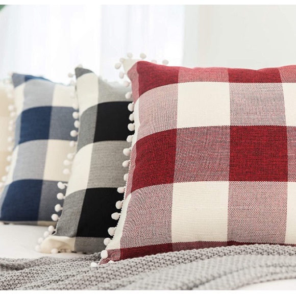 Classic Blue/White Gingham Pompom Farmhouse Preppy Throw Pillow Cover Set - Picture 6 of 8